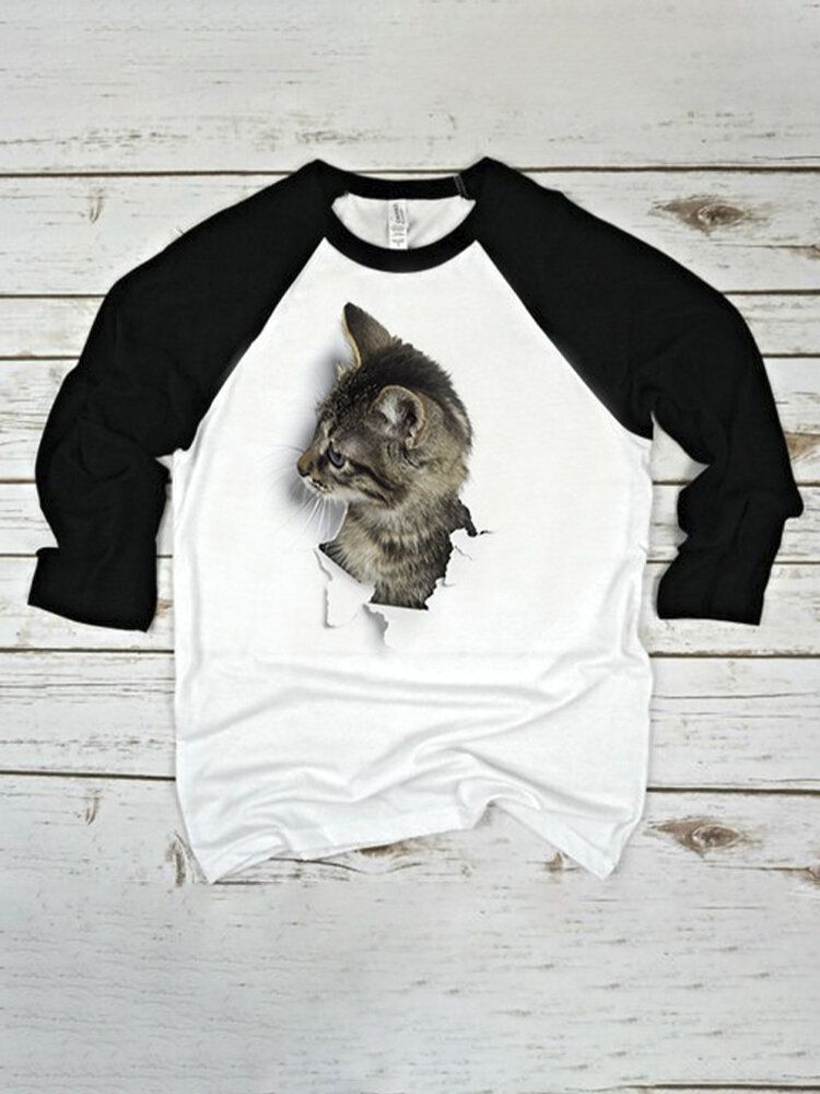 Damska Koszulka 3d Cat Patchwork Raglan Z Okrągłym Dekoltem Casual T-shirt