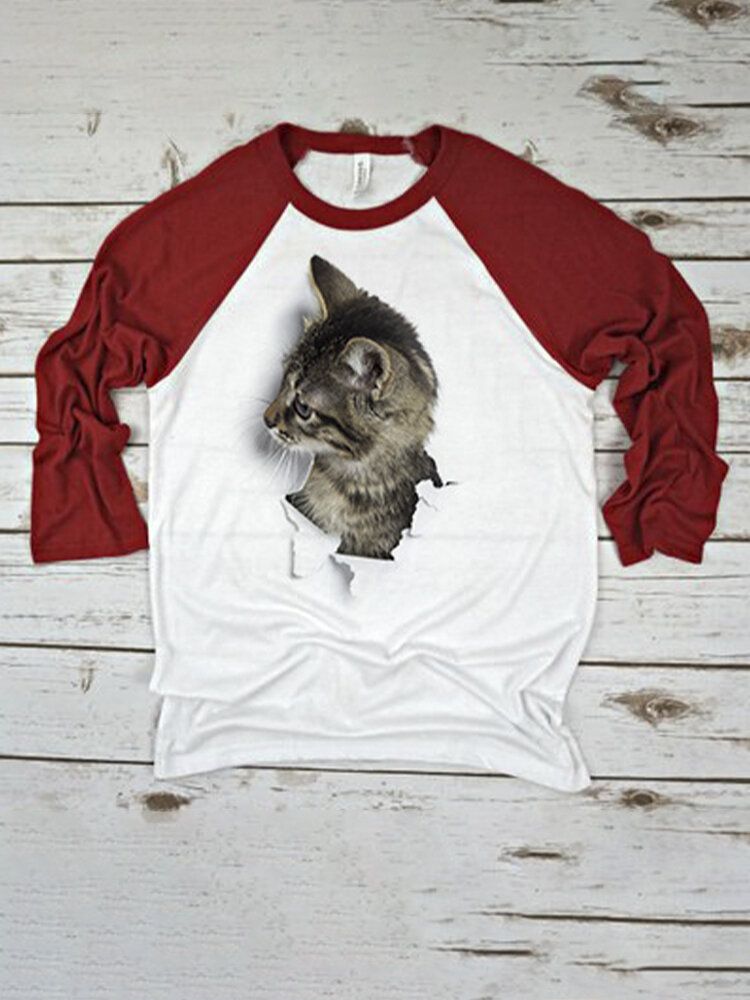 Damska Koszulka 3d Cat Patchwork Raglan Z Okrągłym Dekoltem Casual T-shirt