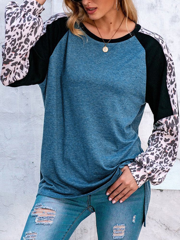 Damski Leopard Raglanowy Rękaw Patchwork O-neck Casual Luźny T-shirt