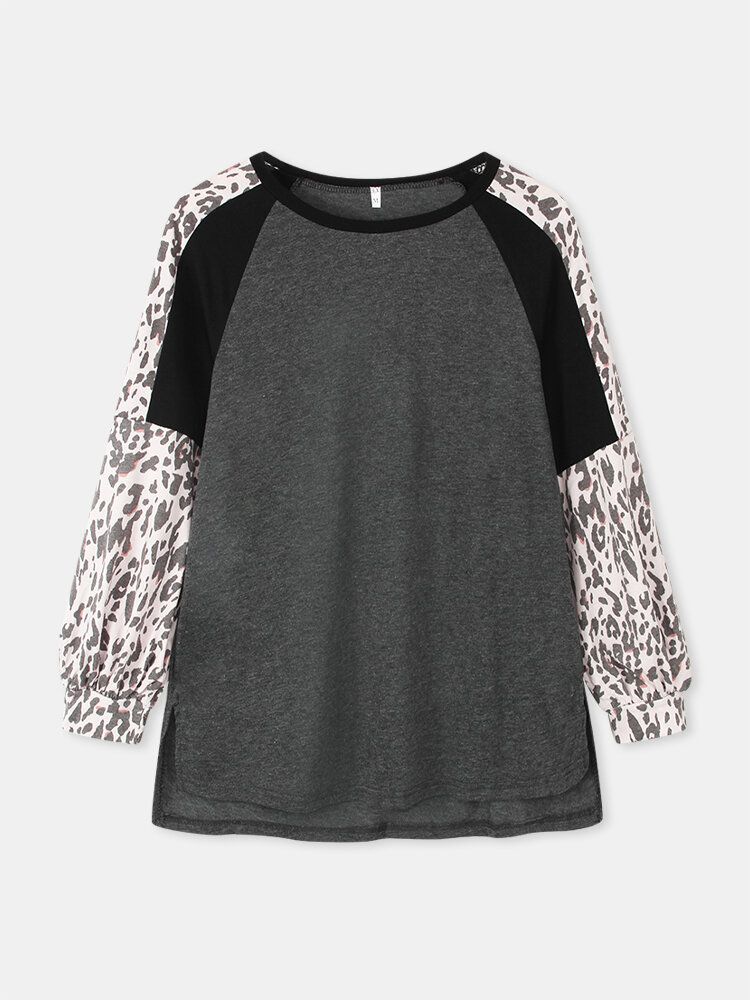 Damski Leopard Raglanowy Rękaw Patchwork O-neck Casual Luźny T-shirt