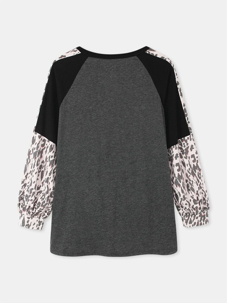 Damski Leopard Raglanowy Rękaw Patchwork O-neck Casual Luźny T-shirt