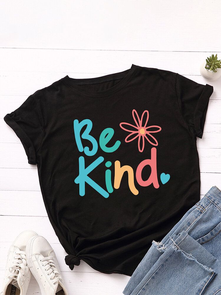 Damskie Be Kind Slogan Print O-neck Z Krótkim Rękawem Casual Multicolor T-shirt