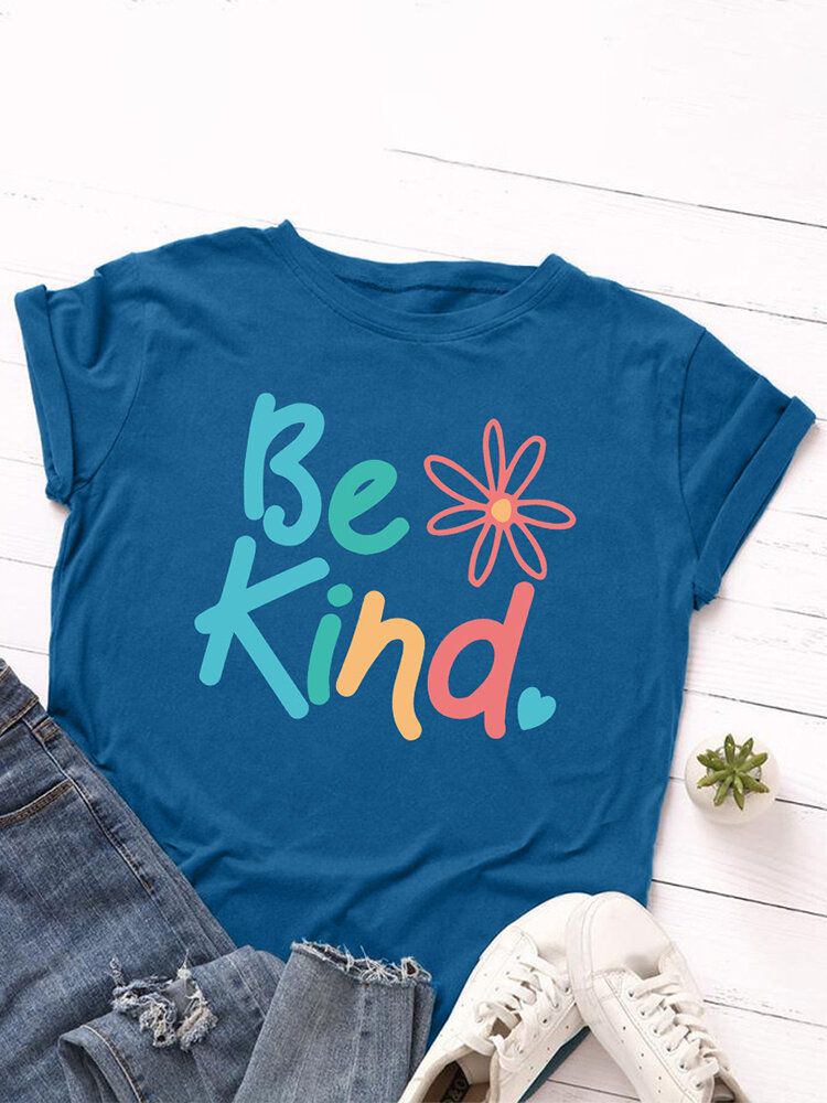 Damskie Be Kind Slogan Print O-neck Z Krótkim Rękawem Casual Multicolor T-shirt