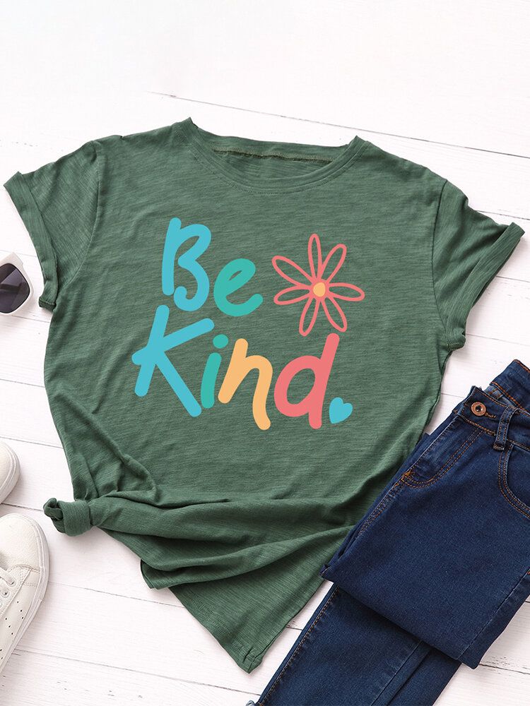 Damskie Be Kind Slogan Print O-neck Z Krótkim Rękawem Casual Multicolor T-shirt