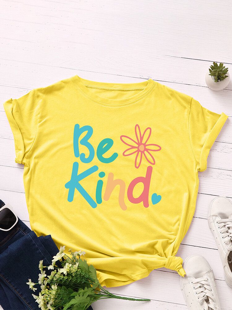 Damskie Be Kind Slogan Print O-neck Z Krótkim Rękawem Casual Multicolor T-shirt