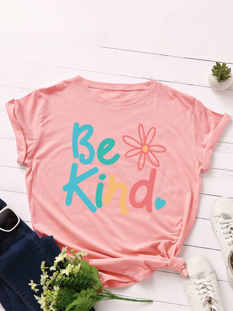 Damskie Be Kind Slogan Print O-neck Z Krótkim Rękawem Casual Multicolor T-shirt