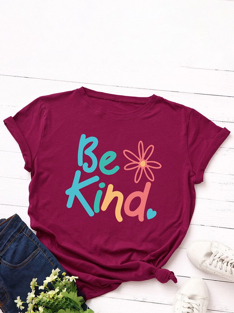 Damskie Be Kind Slogan Print O-neck Z Krótkim Rękawem Casual Multicolor T-shirt