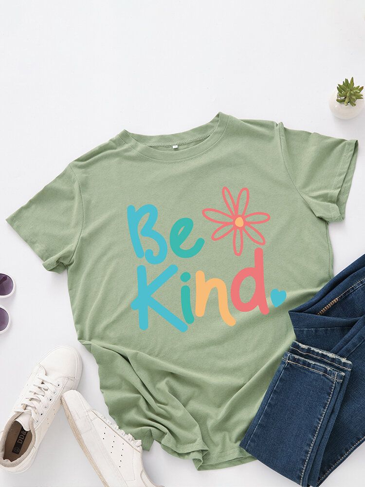 Damskie Be Kind Slogan Print O-neck Z Krótkim Rękawem Casual Multicolor T-shirt