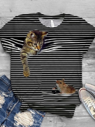 Kobiety 3d Cat Animal Pinstripe Print O-neck Casual T-shirty Z Krótkim Rękawem