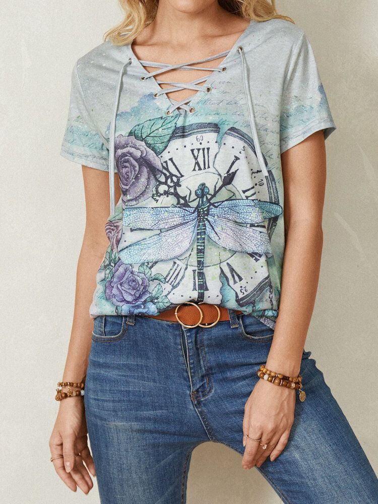 Kobiety Calico Dragonfly Print V-neck Bandaż Casual T-shirty Z Krótkim Rękawem