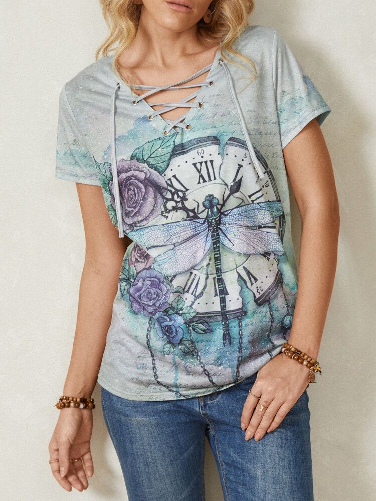 Kobiety Calico Dragonfly Print V-neck Bandaż Casual T-shirty Z Krótkim Rękawem