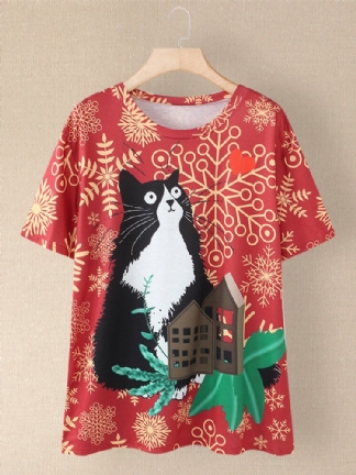 Kobiety Cartoon Cat Allover Print O-neck Casual T-shirty Z Krótkim Rękawem