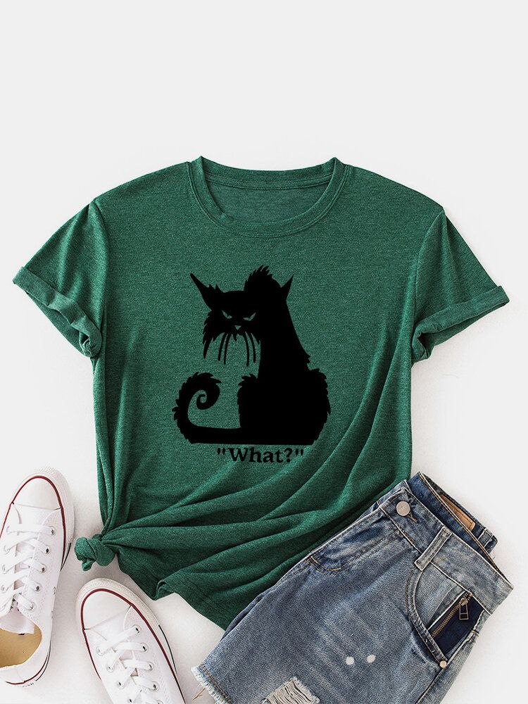 Kobiety Cartoon Cat Print Okrągły Dekolt Casual T-shirty Z Krótkim Rękawem