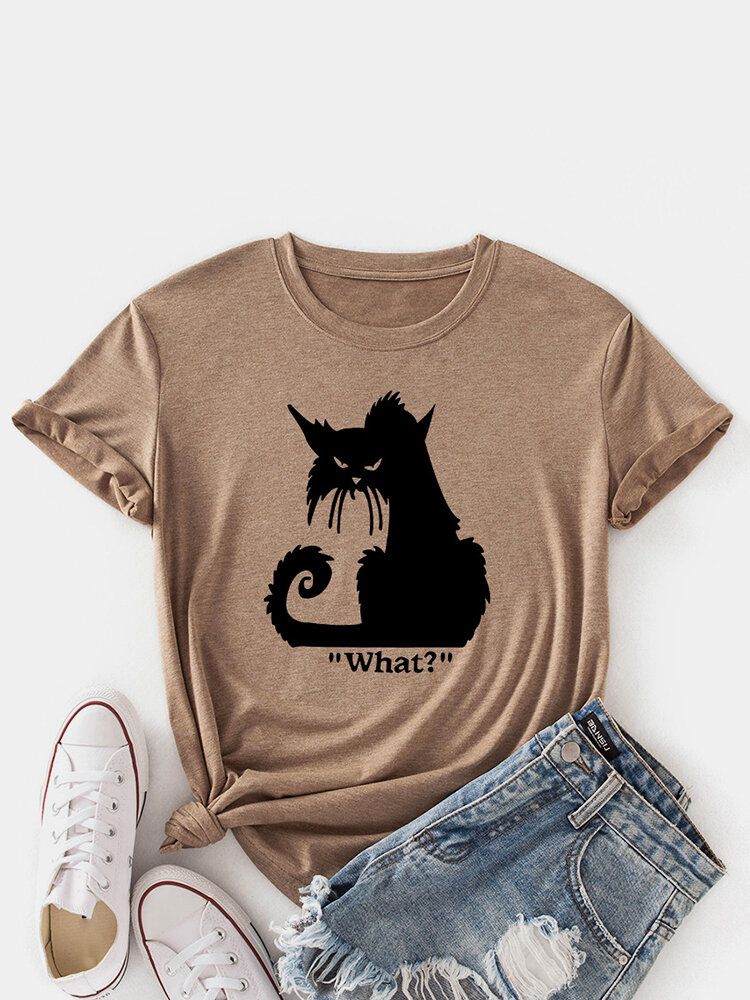 Kobiety Cartoon Cat Print Okrągły Dekolt Casual T-shirty Z Krótkim Rękawem