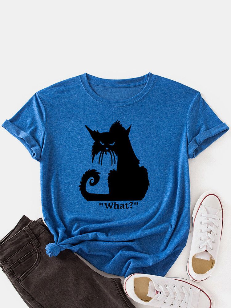 Kobiety Cartoon Cat Print Okrągły Dekolt Casual T-shirty Z Krótkim Rękawem