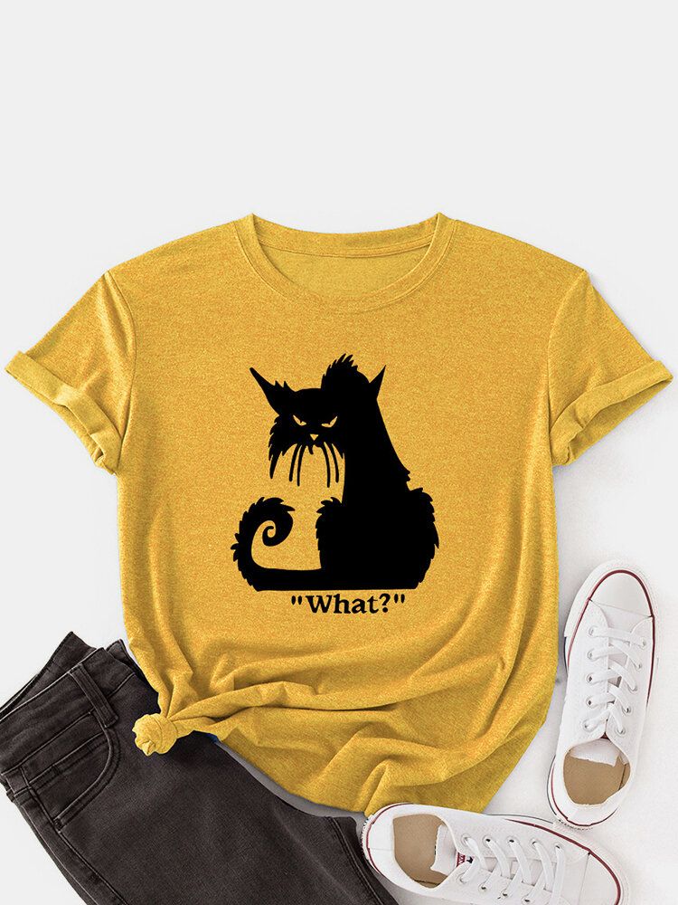 Kobiety Cartoon Cat Print Okrągły Dekolt Casual T-shirty Z Krótkim Rękawem