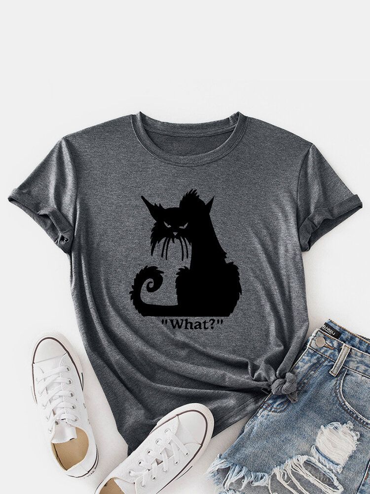 Kobiety Cartoon Cat Print Okrągły Dekolt Casual T-shirty Z Krótkim Rękawem