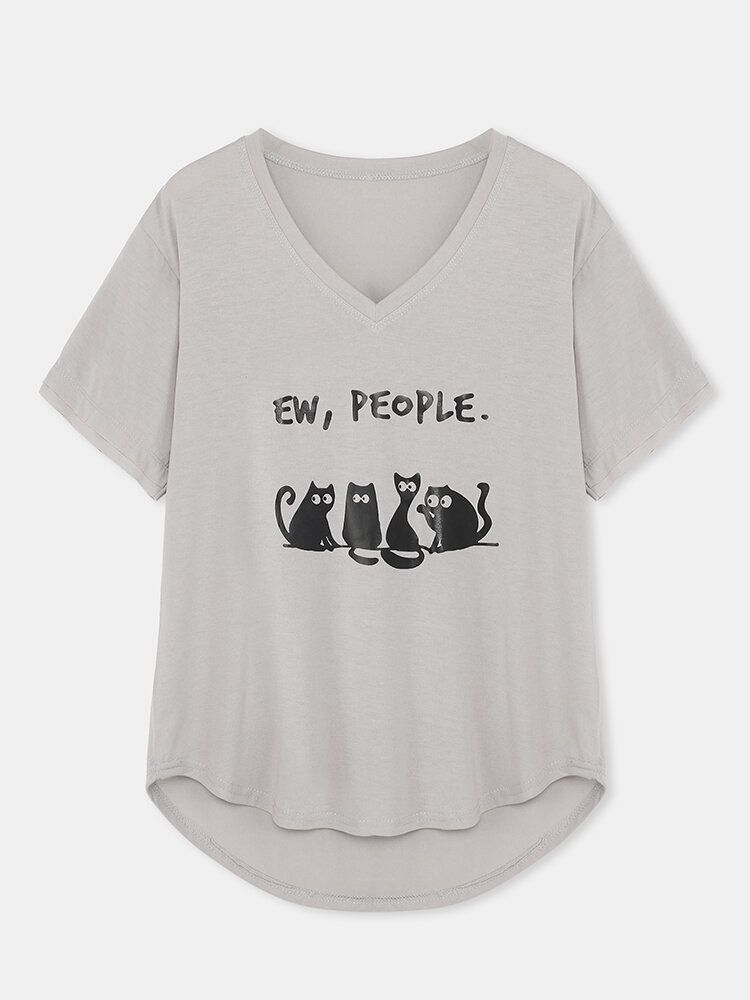 Kobiety Cartoon Cute Cat Slogan Print V-neck Curved Hem Koszulka Z Krótkim Rękawem