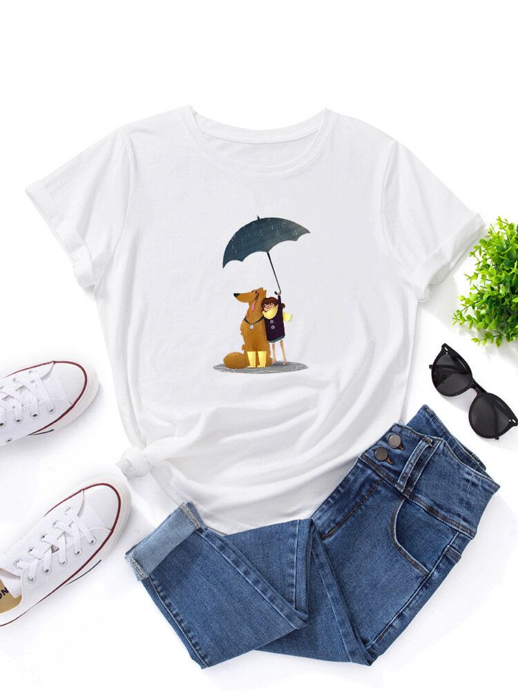 Kobiety Cartoon Dog I Rysunek Graficzne O-neck Z Krótkim Rękawem Casual T-shirty