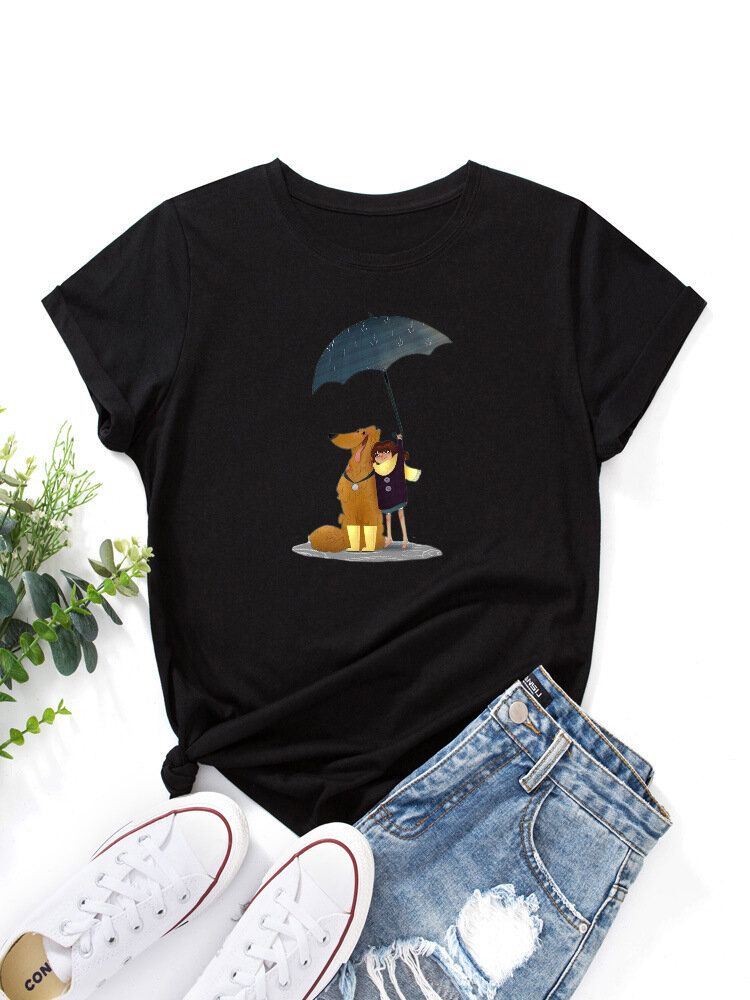 Kobiety Cartoon Dog I Rysunek Graficzne O-neck Z Krótkim Rękawem Casual T-shirty