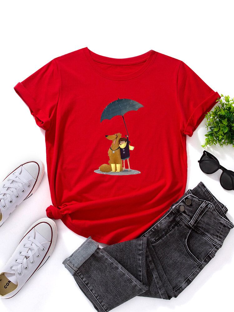 Kobiety Cartoon Dog I Rysunek Graficzne O-neck Z Krótkim Rękawem Casual T-shirty