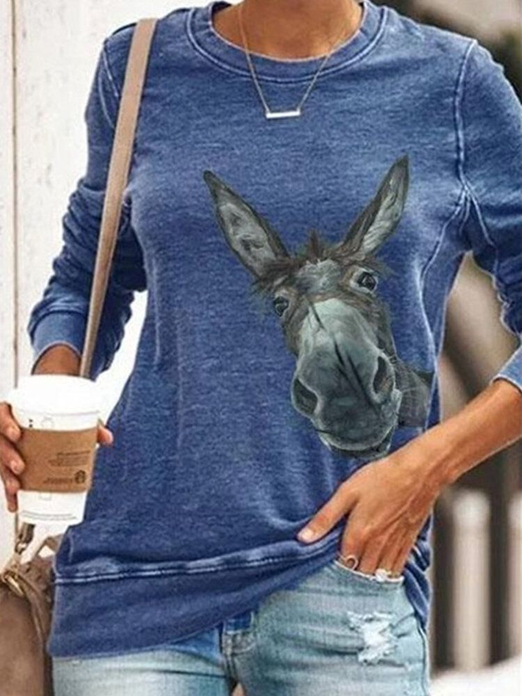 Kobiety Cartoon Funny Donkey Print Z Długim Rękawem O-neck Casual Bluza