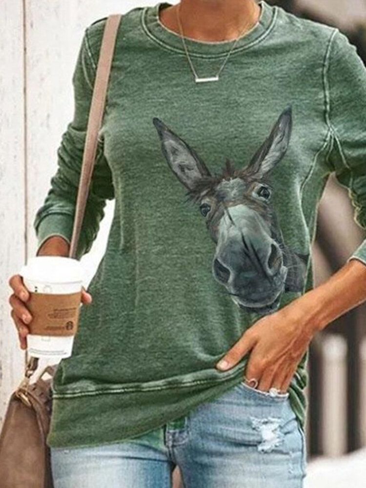 Kobiety Cartoon Funny Donkey Print Z Długim Rękawem O-neck Casual Bluza