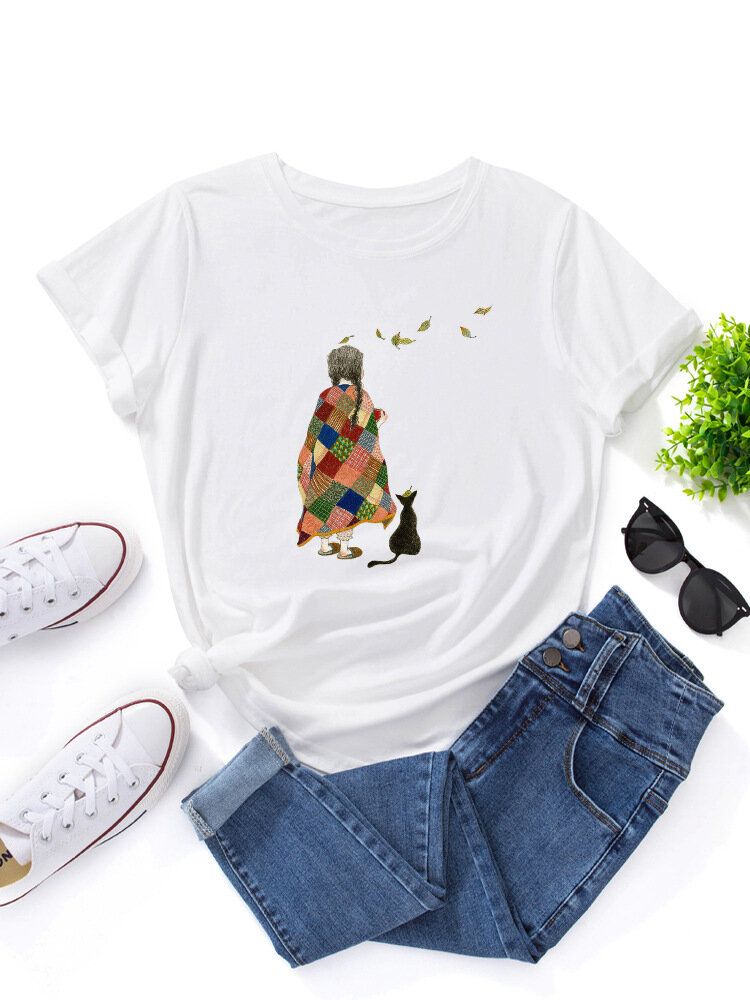 Kobiety Cartoon Girl Cat Print O-neck Z Krótkim Rękawem Casual T-shirty