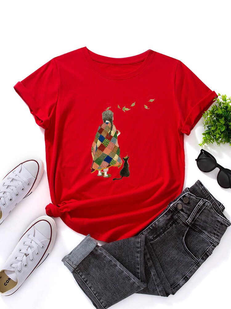 Kobiety Cartoon Girl Cat Print O-neck Z Krótkim Rękawem Casual T-shirty