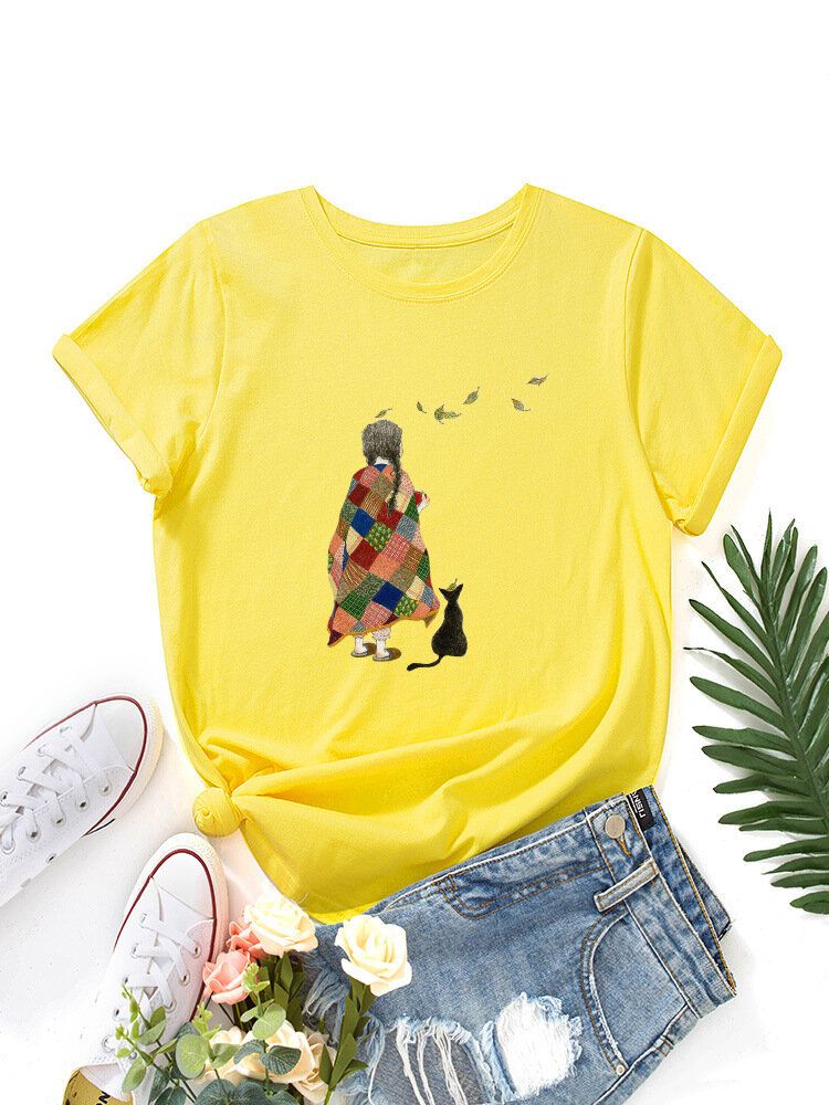 Kobiety Cartoon Girl Cat Print O-neck Z Krótkim Rękawem Casual T-shirty