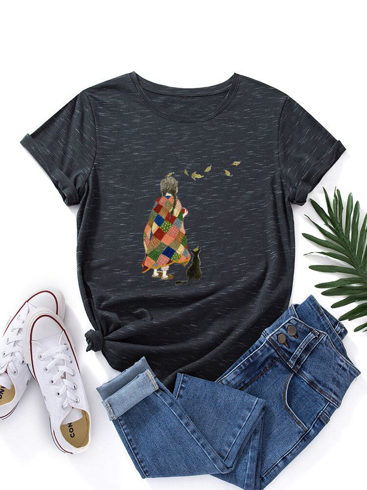 Kobiety Cartoon Girl Cat Print O-neck Z Krótkim Rękawem Casual T-shirty