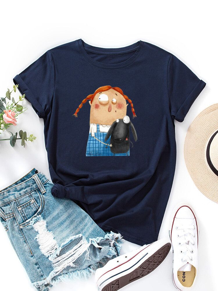 Kobiety Cartoon Rysunek Zwierząt Graficzne Okrągły Dekolt Casual T-shirty Z Krótkim Rękawem