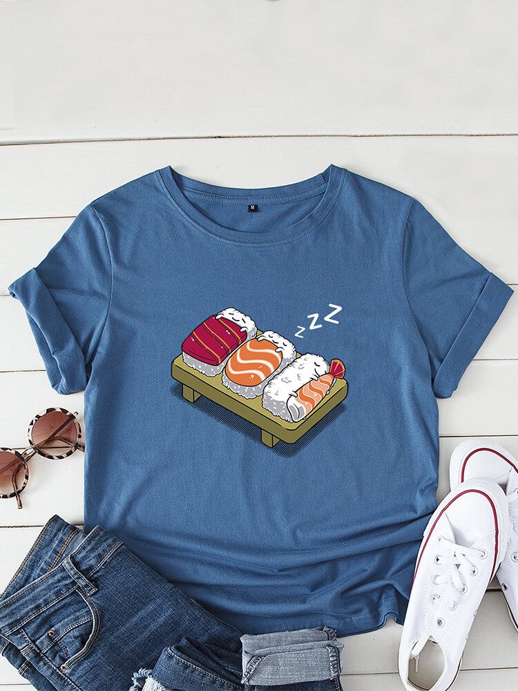 Kobiety Cartoon Sleeping Sushi Print O-neck Koszulka Rekreacyjna Z Krótkim Rękawem