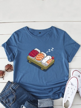 Kobiety Cartoon Sleeping Sushi Print O-neck Koszulka Rekreacyjna Z Krótkim Rękawem