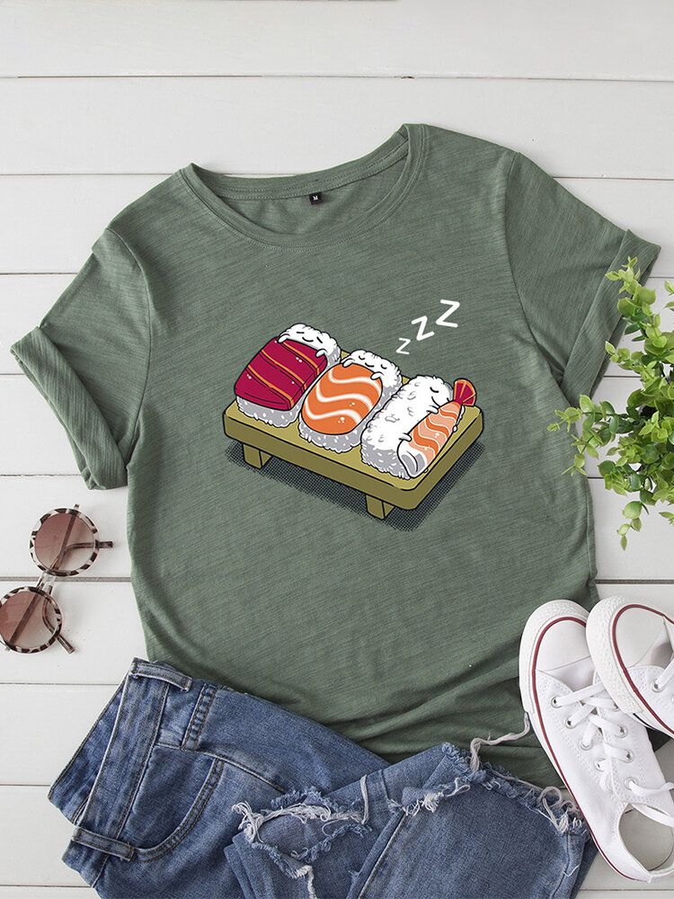 Kobiety Cartoon Sleeping Sushi Print O-neck Koszulka Rekreacyjna Z Krótkim Rękawem