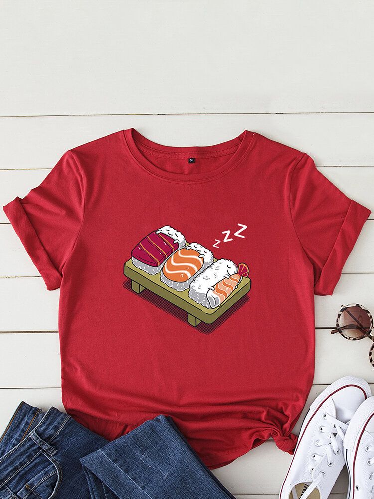 Kobiety Cartoon Sleeping Sushi Print O-neck Koszulka Rekreacyjna Z Krótkim Rękawem