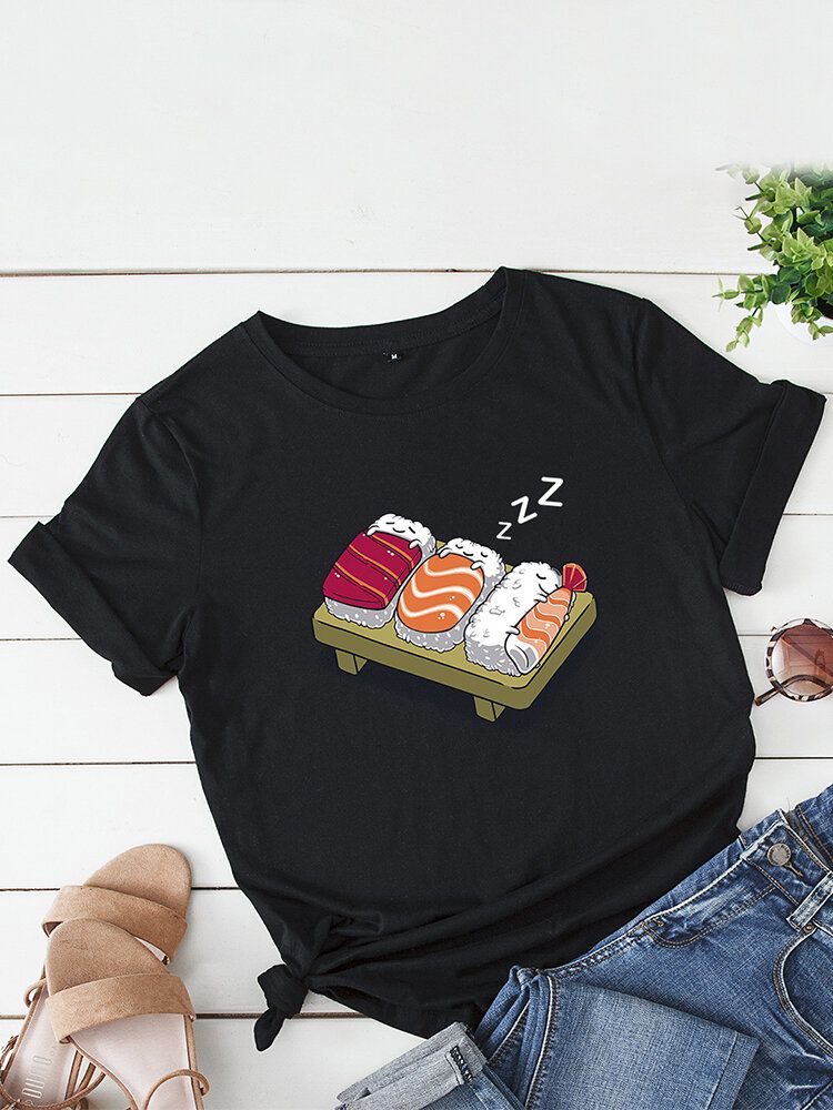 Kobiety Cartoon Sleeping Sushi Print O-neck Koszulka Rekreacyjna Z Krótkim Rękawem