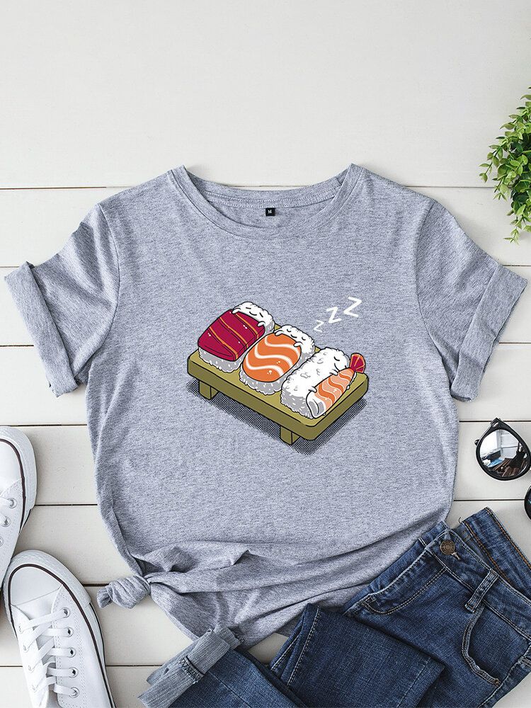 Kobiety Cartoon Sleeping Sushi Print O-neck Koszulka Rekreacyjna Z Krótkim Rękawem