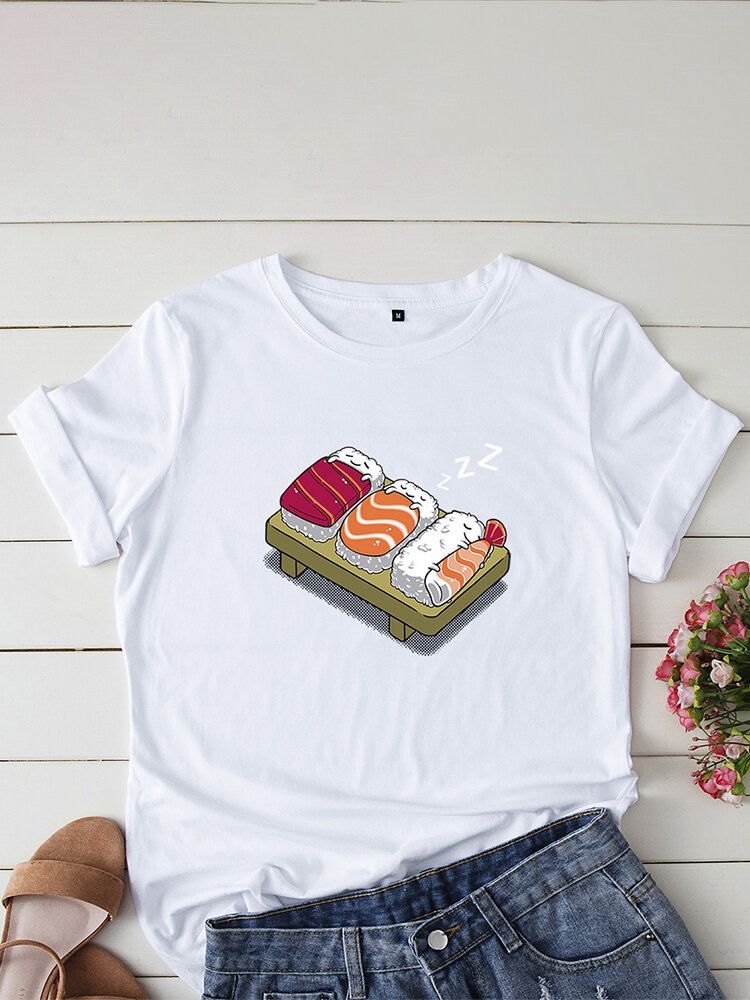 Kobiety Cartoon Sleeping Sushi Print O-neck Koszulka Rekreacyjna Z Krótkim Rękawem