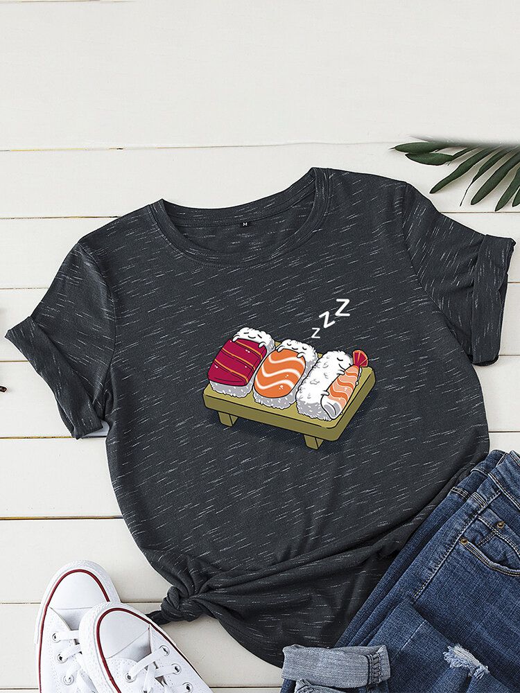 Kobiety Cartoon Sleeping Sushi Print O-neck Koszulka Rekreacyjna Z Krótkim Rękawem