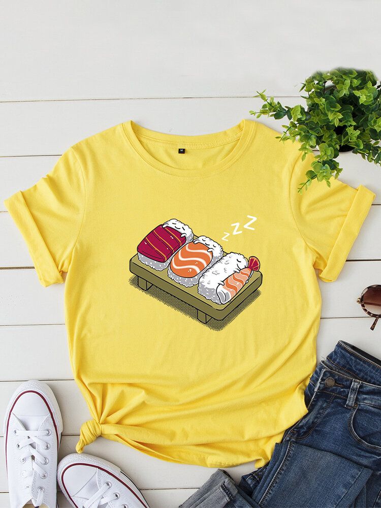 Kobiety Cartoon Sleeping Sushi Print O-neck Koszulka Rekreacyjna Z Krótkim Rękawem