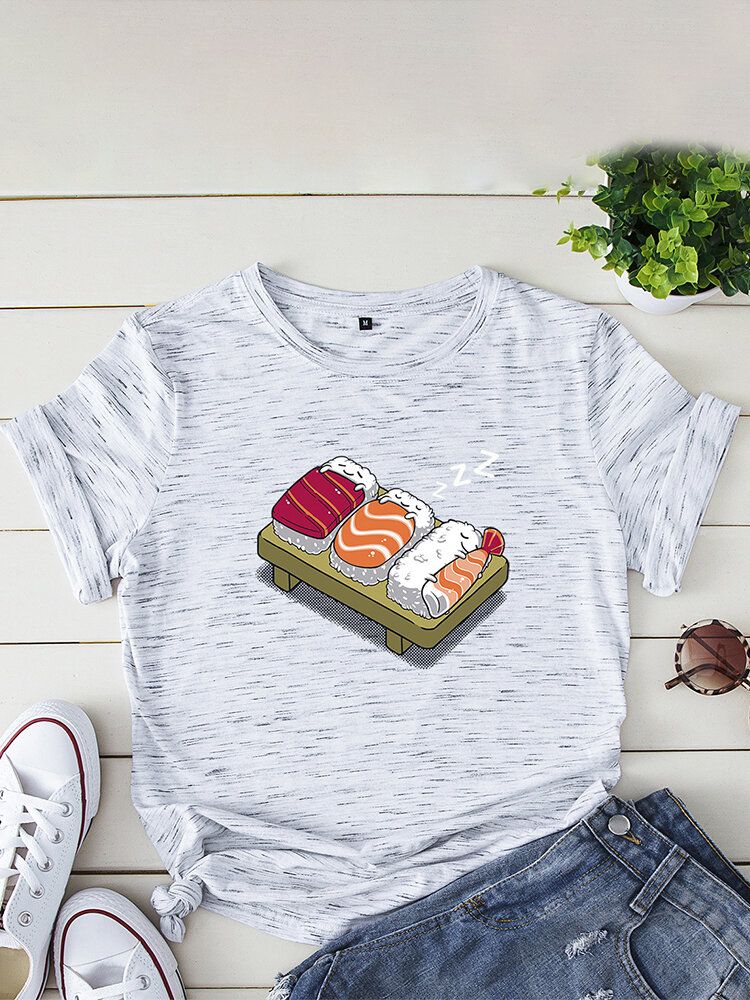 Kobiety Cartoon Sleeping Sushi Print O-neck Koszulka Rekreacyjna Z Krótkim Rękawem