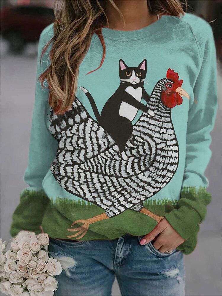 Kobiety Cute Cartoon Cat Cock Print O-neck Długie Rękawy Casual T-shirt