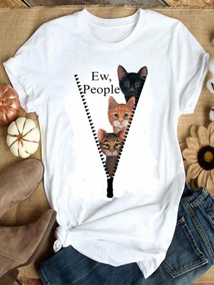 Kobiety Cute Cartoon Cat List Print O-neck Casual T-shirty Z Krótkim Rękawem