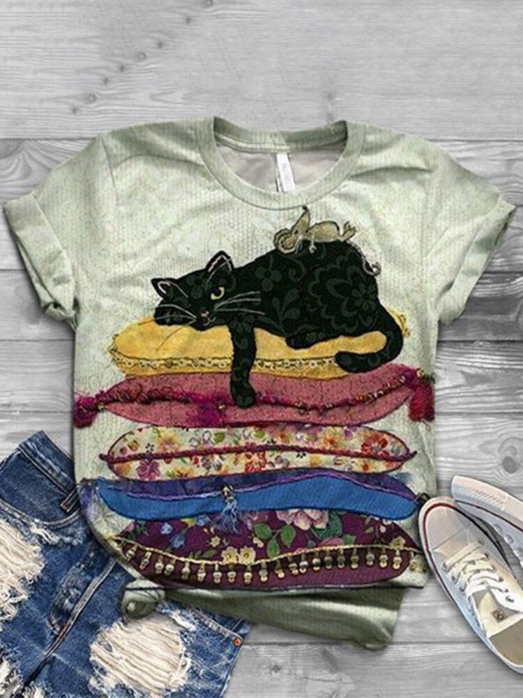 Kobiety Cute Cartoon Cat Print Okrągły Dekolt Casual T-shirty Z Krótkim Rękawem