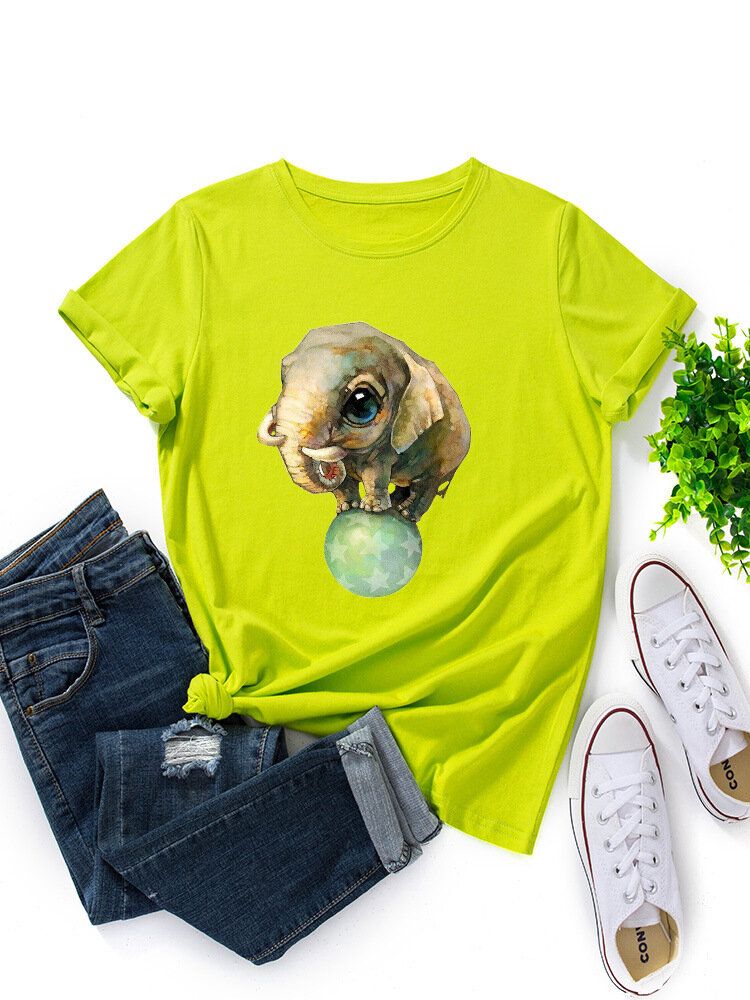 Kobiety Cute Cartoon Elephant Graphic Print Wielokolorowy O-neck Z Krótkim Rękawem Casual T-shirt