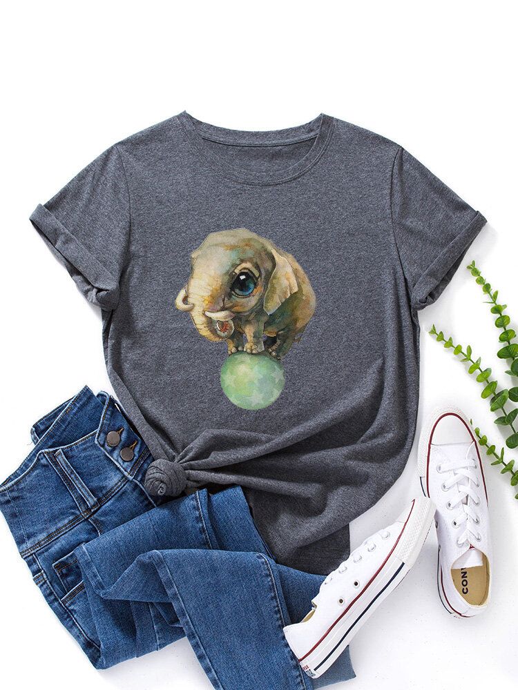 Kobiety Cute Cartoon Elephant Graphic Print Wielokolorowy O-neck Z Krótkim Rękawem Casual T-shirt