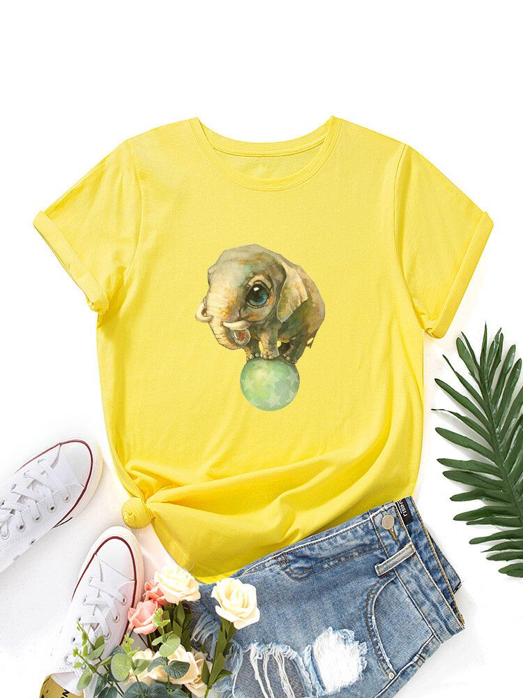 Kobiety Cute Cartoon Elephant Graphic Print Wielokolorowy O-neck Z Krótkim Rękawem Casual T-shirt