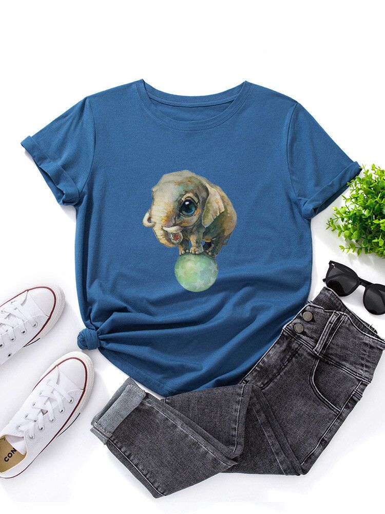 Kobiety Cute Cartoon Elephant Graphic Print Wielokolorowy O-neck Z Krótkim Rękawem Casual T-shirt