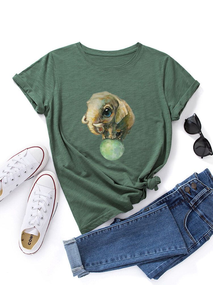 Kobiety Cute Cartoon Elephant Graphic Print Wielokolorowy O-neck Z Krótkim Rękawem Casual T-shirt